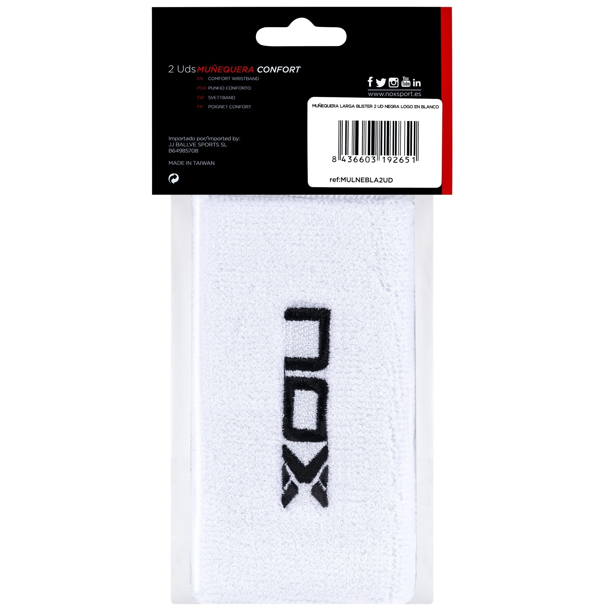Caja de 6 Uds. - Muñequeras Deportivas Largas Blanco/Negro (2 Uds/Blíster) - Image 2